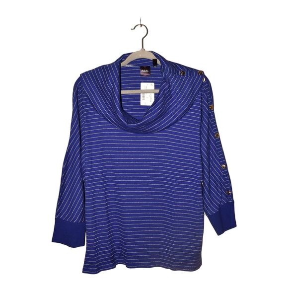 RAFAELLA NEW‎ $55 Blue Gold Stripe Cowl Neck 3/4 Sleeve Top Button Accents 1X - Picture 1 of 3